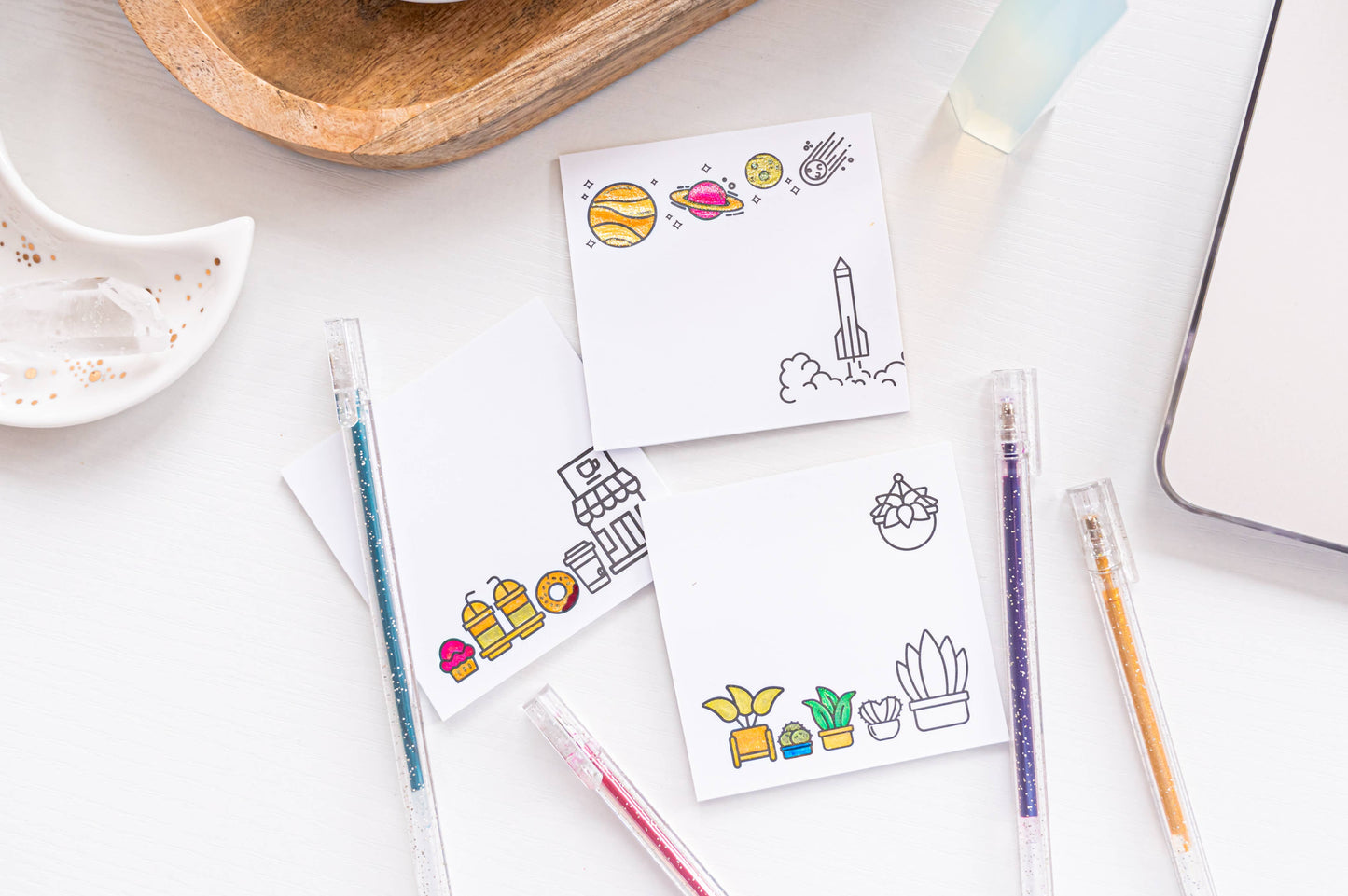 Color Your Own 3 Post-its Bundle, space, coffee, plants