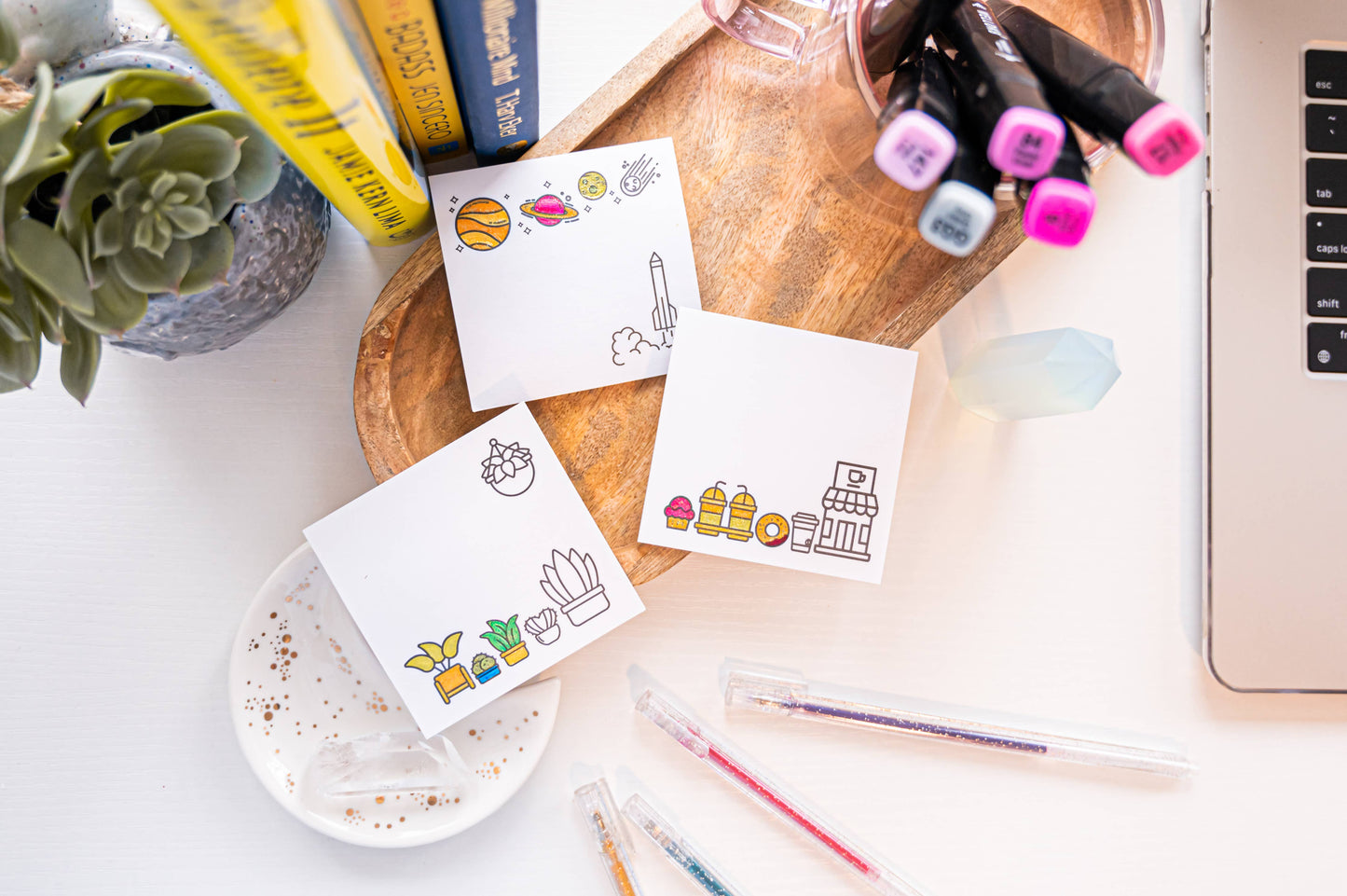 Color Your Own 3 Post-its Bundle, space, coffee, plants