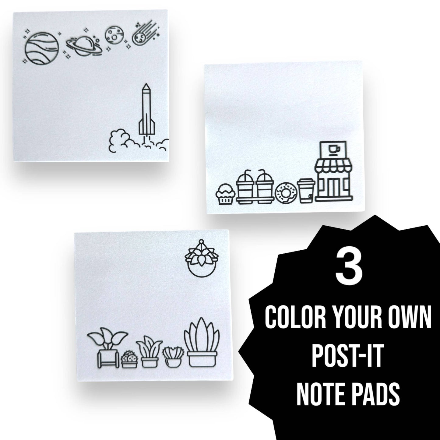 Color Your Own 3 Post-its Bundle, space, coffee, plants