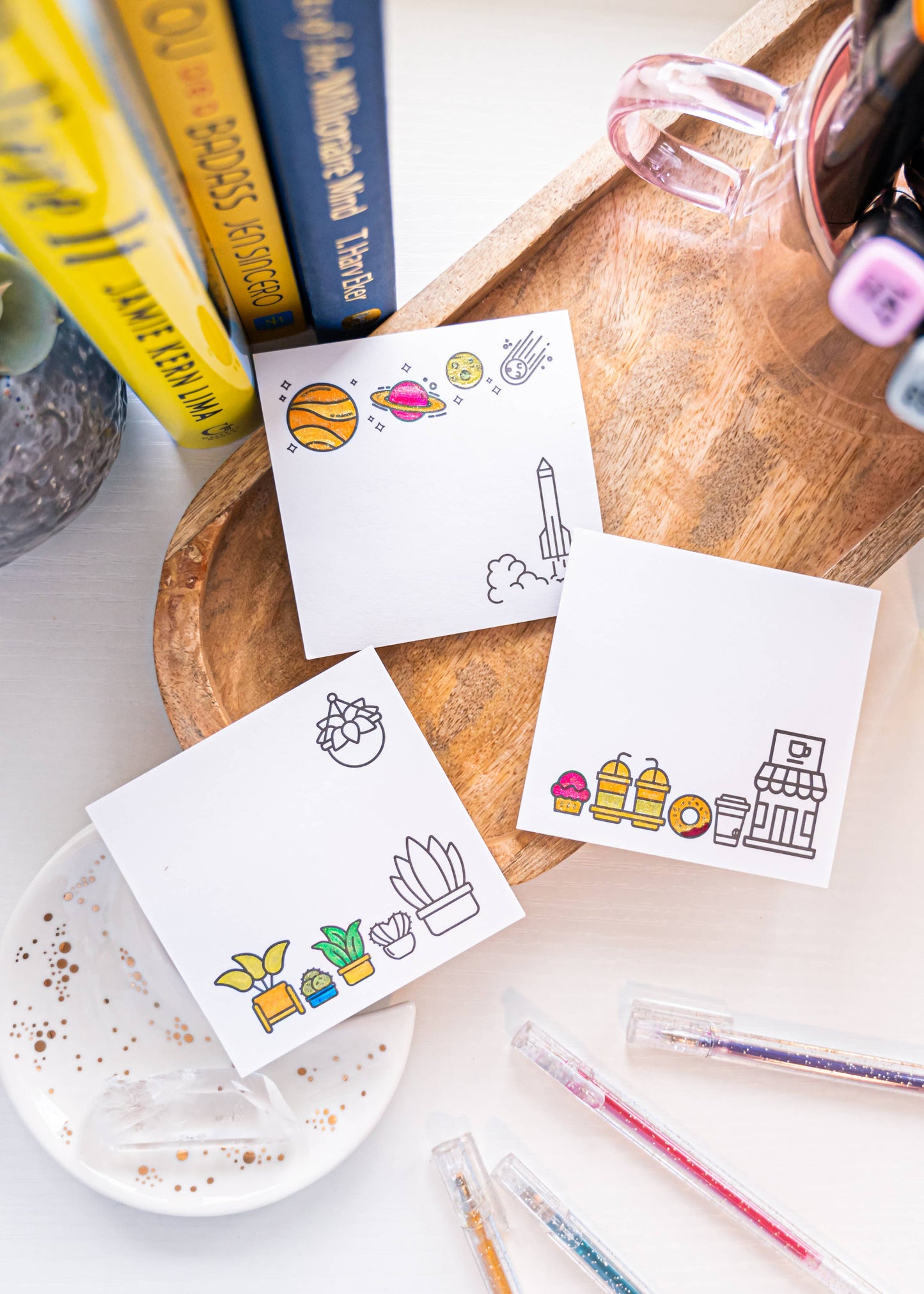 Color Your Own 3 Post-its Bundle, space, coffee, plants